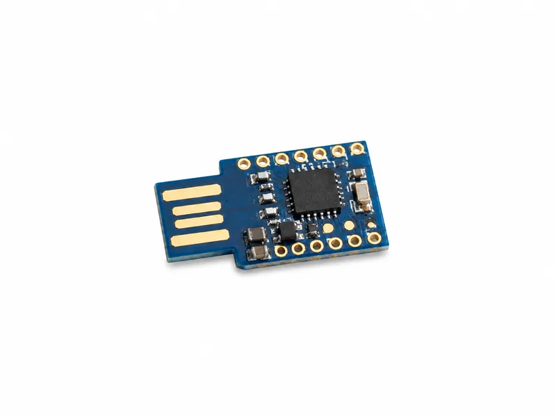 Studio photograph of a compact blue ATtiny85 USB development board