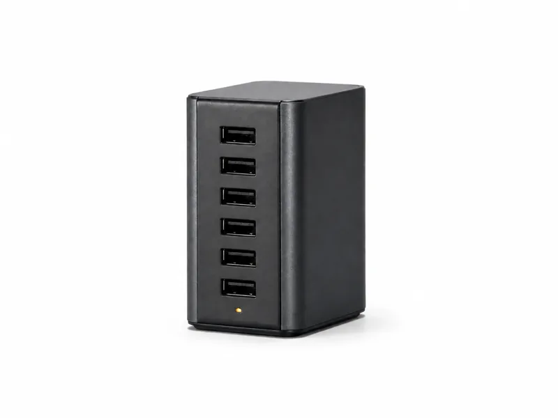 Studio photograph of a compact unbranded USB charging hub for controlled lab training