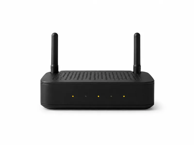 Studio photograph of a compact unbranded wireless assessment router with antennas